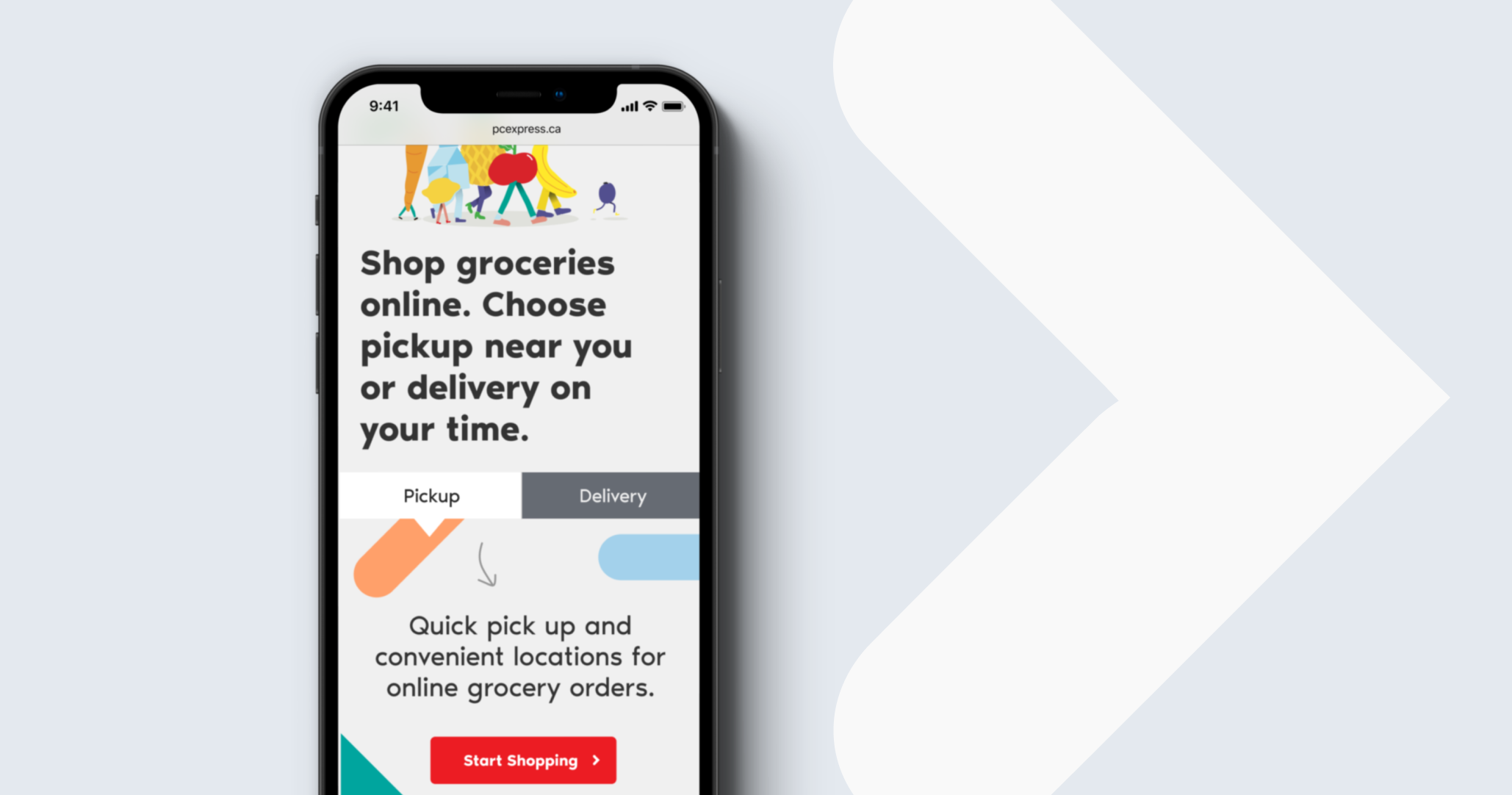 Phone screen showing the PC Express website that reads Shop groceries online. Choose pickup near you or delivery on your time.