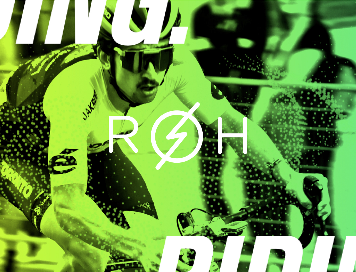 A green duo-tone image features a cyclist racing in the background. The ROH logo is overplayed over the top of the photo