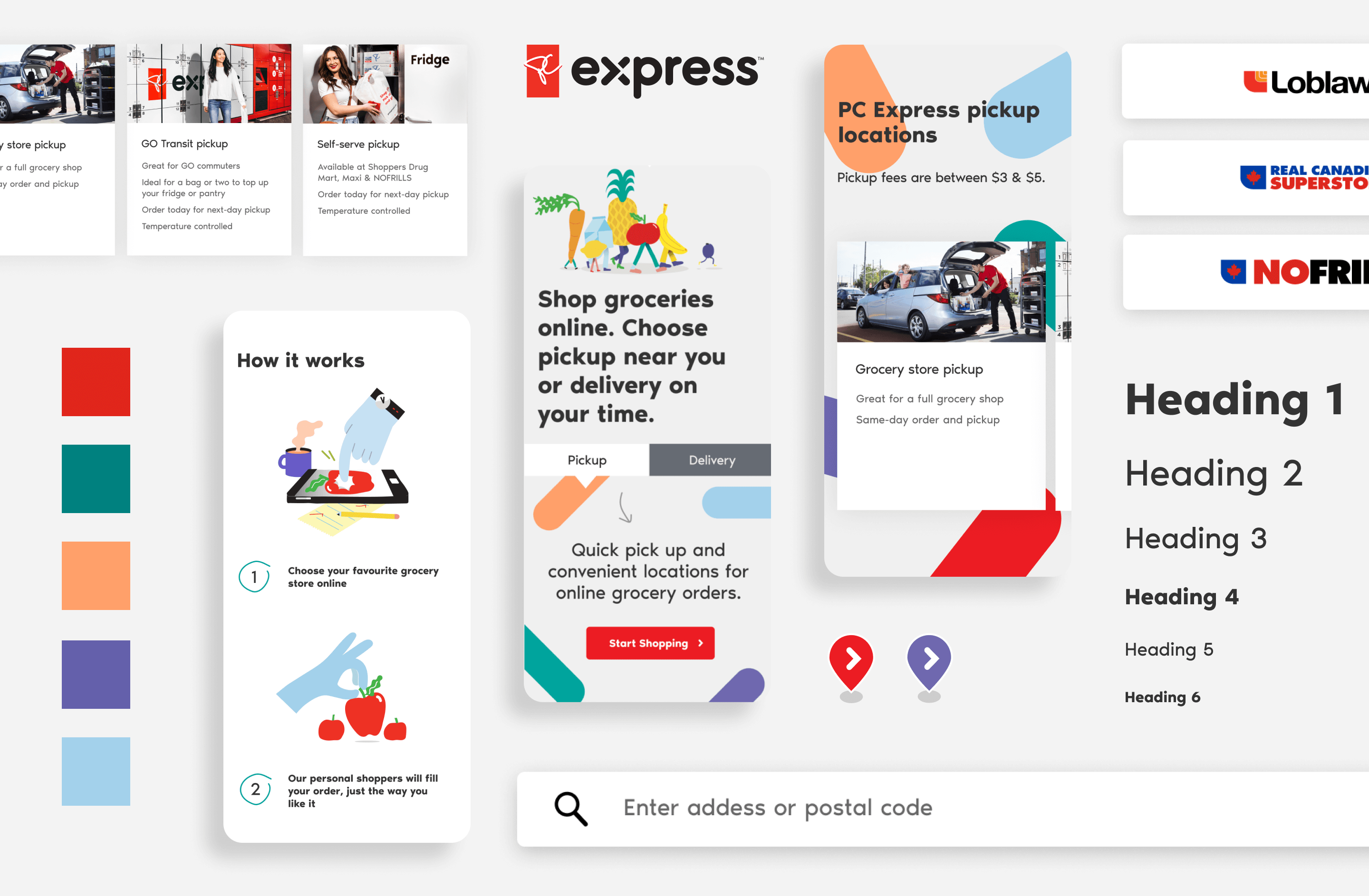 Examples of mobile designs for the noname website alongside famous noname product packaging for products like peanut butter and tomato sauce