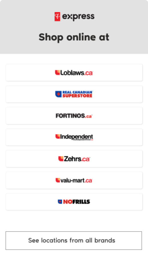 Wireframe showing available store banners for the shopper to choose