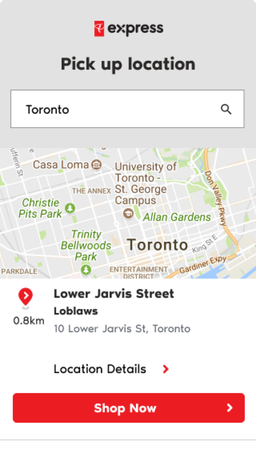 Wireframe showing a store locator with a search field, a map and list of stores
